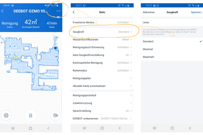 4 unterschiedliche Saugstufen können beim Ecovacs Deebot OZMO 950 ausgewählt werden